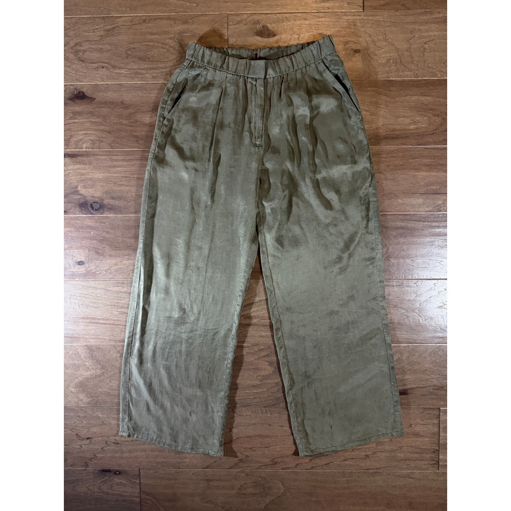 Eileen Fisher Olive Green Wide Leg Trousers High Rise Relaxed‎ Pants XS TP